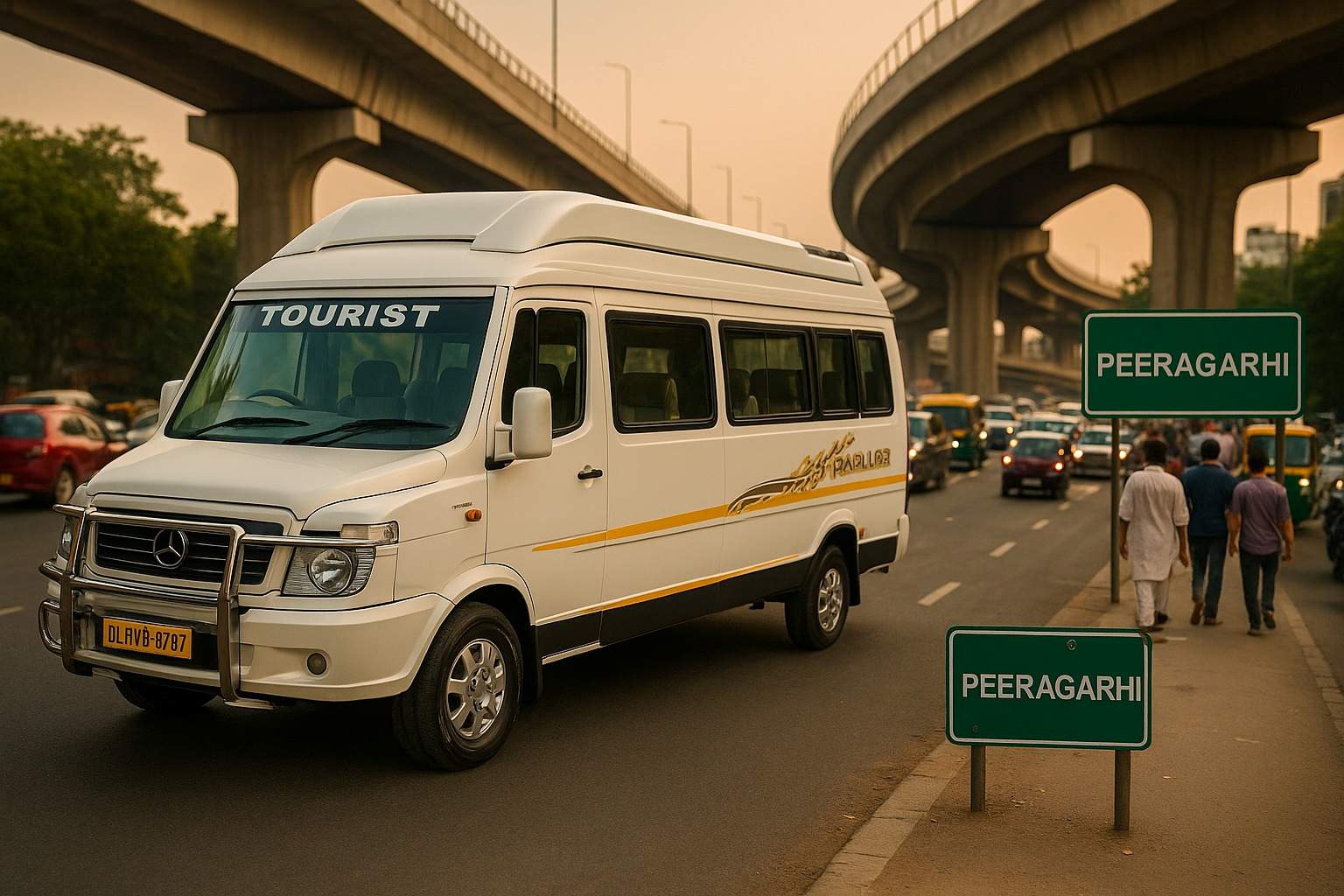 White luxury Tempo Traveller parked on a busy Peeragarhi road with crowd, vehicles, and flyovers in the background, featuring Peeragarhi signboards and pedestrians nearby.